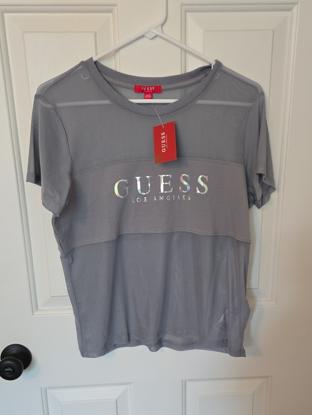 Guess Gray Short Sleeve Tee with Holographic Logo